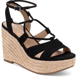 NIB Sun + Stone TIINSLEY Comfort Insole Faux Suede Wedge Sandals Black Size 8.5